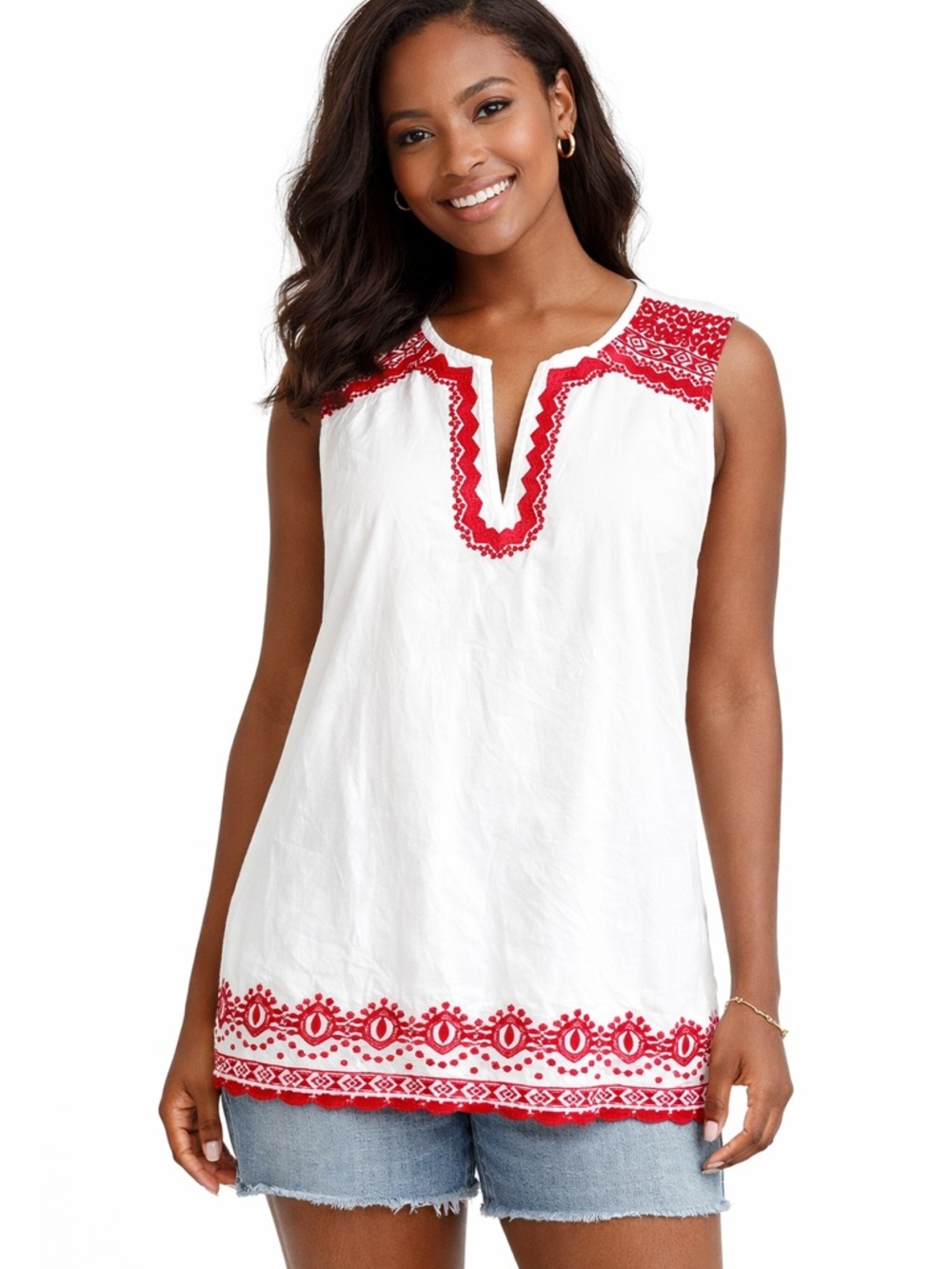 Talbots White Red Embroidered Sleeveless Tunic Top | Boho Peasant Blouse Size XL